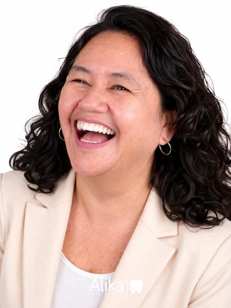 Portrait of a woman with shoulder-length black wavy hair, wearing a beige blazer and hoop earrings, smiling broadly against a white background