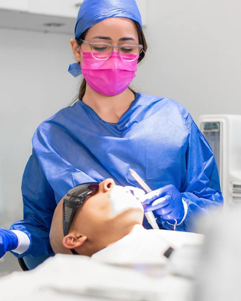 Dentist in blue surgical attire and pink mask examining young patients teeth in clinical setting