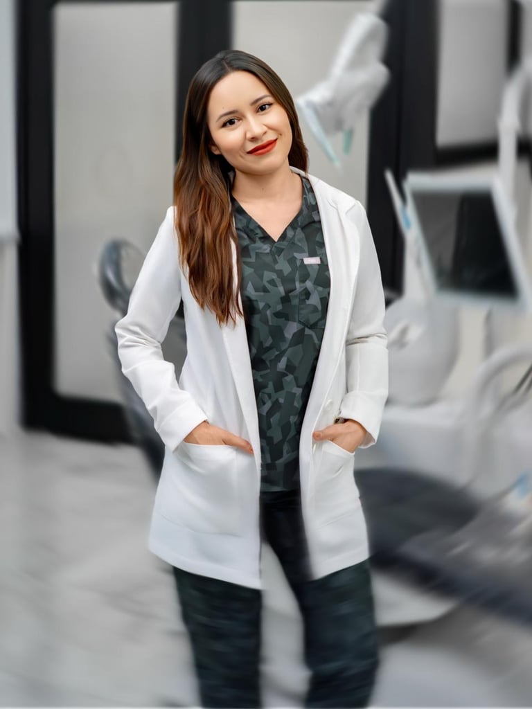 Woman in white lab coat and patterned scrubs standing in a clinical or medical facility setting